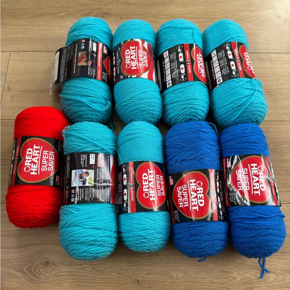 New Red Heart Super Saver Yarn Lot of 9 Skeins 7oz Each Red, Turquoise And Blue